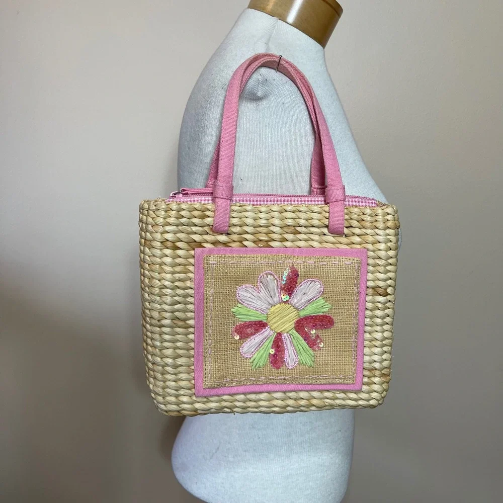 Woven Straw Daisy Tote Bag Pink Gingham Lining Sequin Floral Embroidery Small